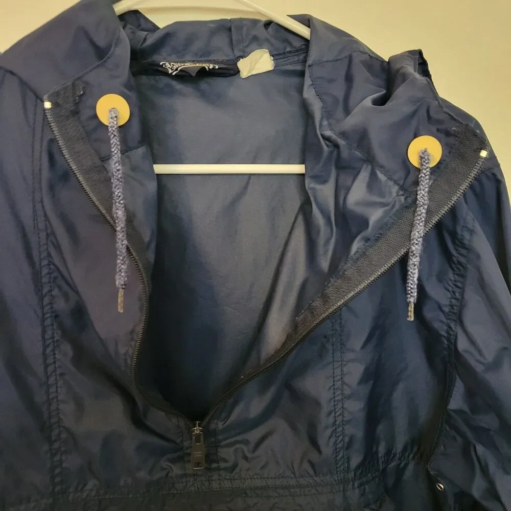 Lands End Mens Large Blue Hooded Pullover‎ Windbreaker Jacket Half Zip